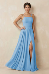 A - Line Chiffon Bridesmaid Dress With Slit in Steel Blue - KissProm Bridesmaid Dresses