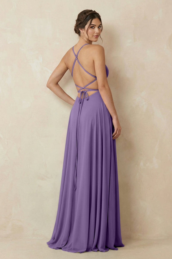 A - Line Chiffon Bridesmaid Dress With Slit in Tahiti - KissProm Bridesmaid Dresses