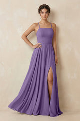 A - Line Chiffon Bridesmaid Dress With Slit in Tahiti - KissProm Bridesmaid Dresses