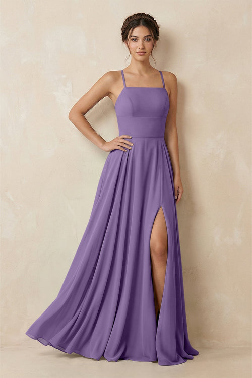 A - Line Chiffon Bridesmaid Dress With Slit in Tahiti - KissProm Bridesmaid Dresses