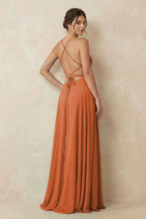 A - Line Chiffon Bridesmaid Dress With Slit in Terracotta - KissProm Bridesmaid Dresses
