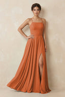 A - Line Chiffon Bridesmaid Dress With Slit in Terracotta - KissProm Bridesmaid Dresses