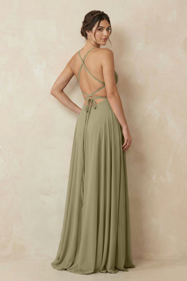 A - Line Chiffon Bridesmaid Dress With Slit in Thyme - KissProm Bridesmaid Dresses