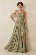 A - Line Chiffon Bridesmaid Dress With Slit in Thyme - KissProm Bridesmaid Dresses