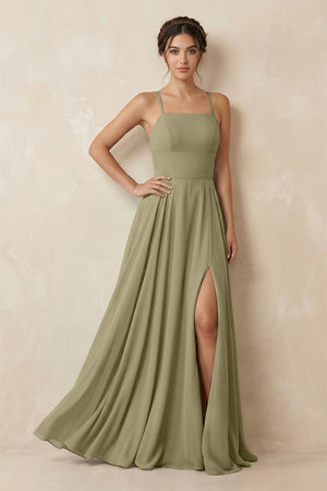 A - Line Chiffon Bridesmaid Dress With Slit in Thyme - KissProm Bridesmaid Dresses