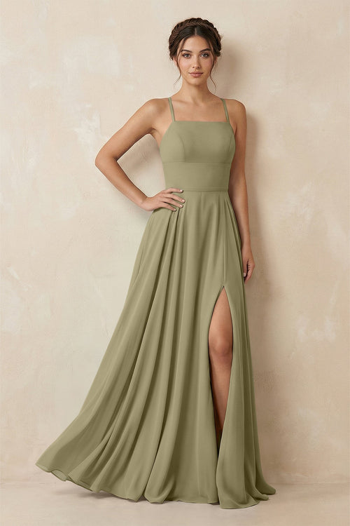 A - Line Chiffon Bridesmaid Dress With Slit in Thyme - KissProm Bridesmaid Dresses