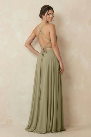 A - Line Chiffon Bridesmaid Dress With Slit in Thyme - KissProm Bridesmaid Dresses