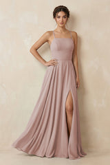 A - Line Chiffon Bridesmaid Dress With Slit in Toffee - KissProm Bridesmaid Dresses