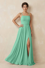 A - Line Chiffon Bridesmaid Dress With Slit in Turquoise - KissProm Bridesmaid Dresses