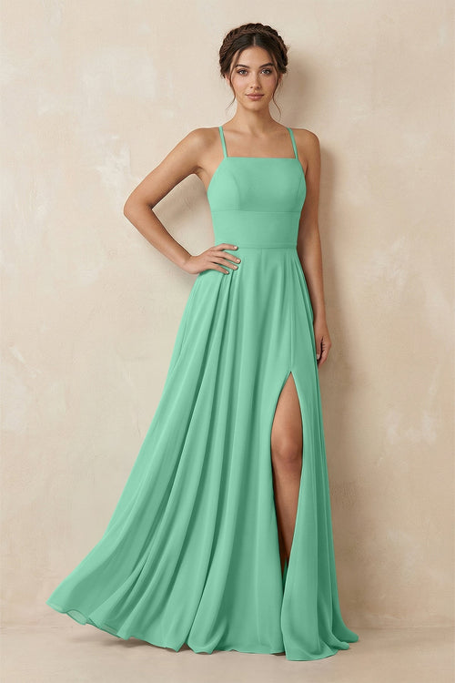 A - Line Chiffon Bridesmaid Dress With Slit in Turquoise - KissProm Bridesmaid Dresses