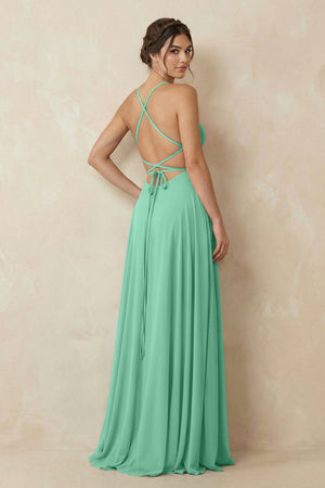 A - Line Chiffon Bridesmaid Dress With Slit in Turquoise - KissProm Bridesmaid Dresses