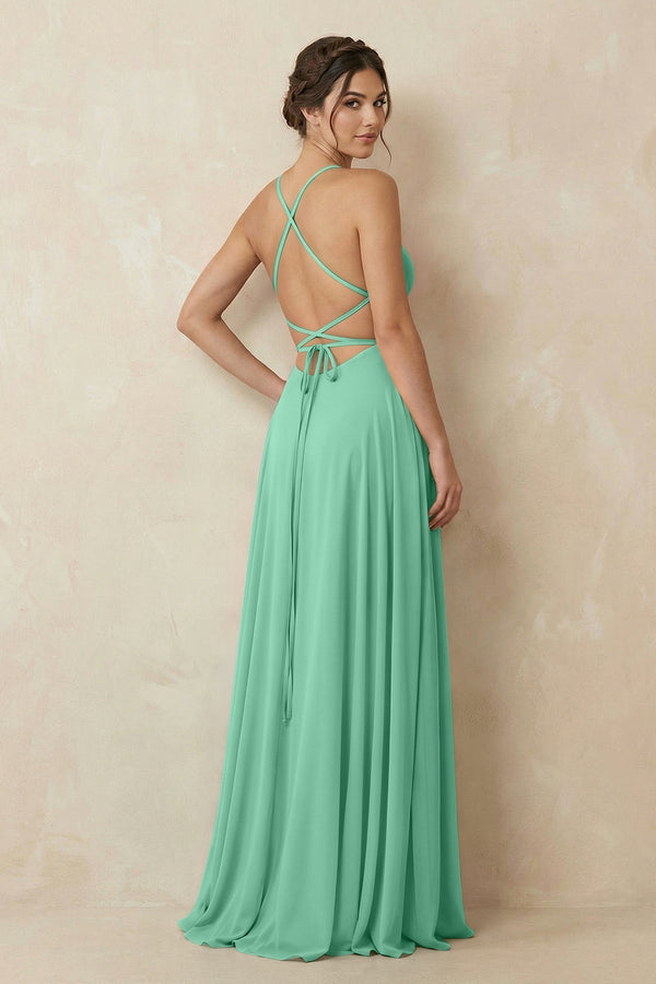 A - Line Chiffon Bridesmaid Dress With Slit in Turquoise - KissProm Bridesmaid Dresses
