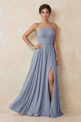 A - Line Chiffon Bridesmaid Dress With Slit in Twilight - KissProm Bridesmaid Dresses