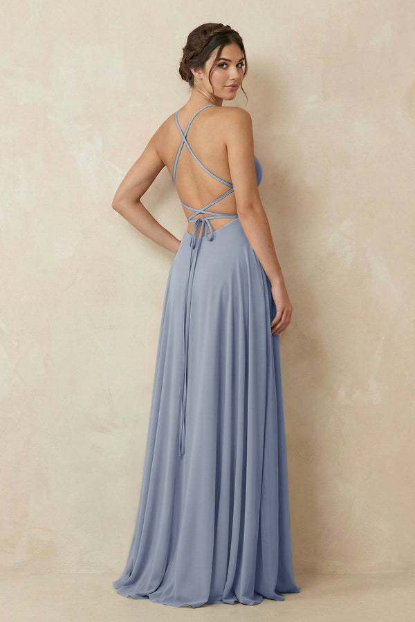 twilight bridesmaid dresses Wedtrend Women Grey Ruched Spaghetti Straps Long Chiffon Bridesmaid Dress  with Slit – WEDTREND main image 0