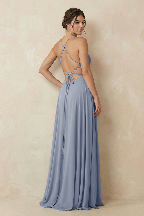 A - Line Chiffon Bridesmaid Dress With Slit in Twilight - KissProm Bridesmaid Dresses