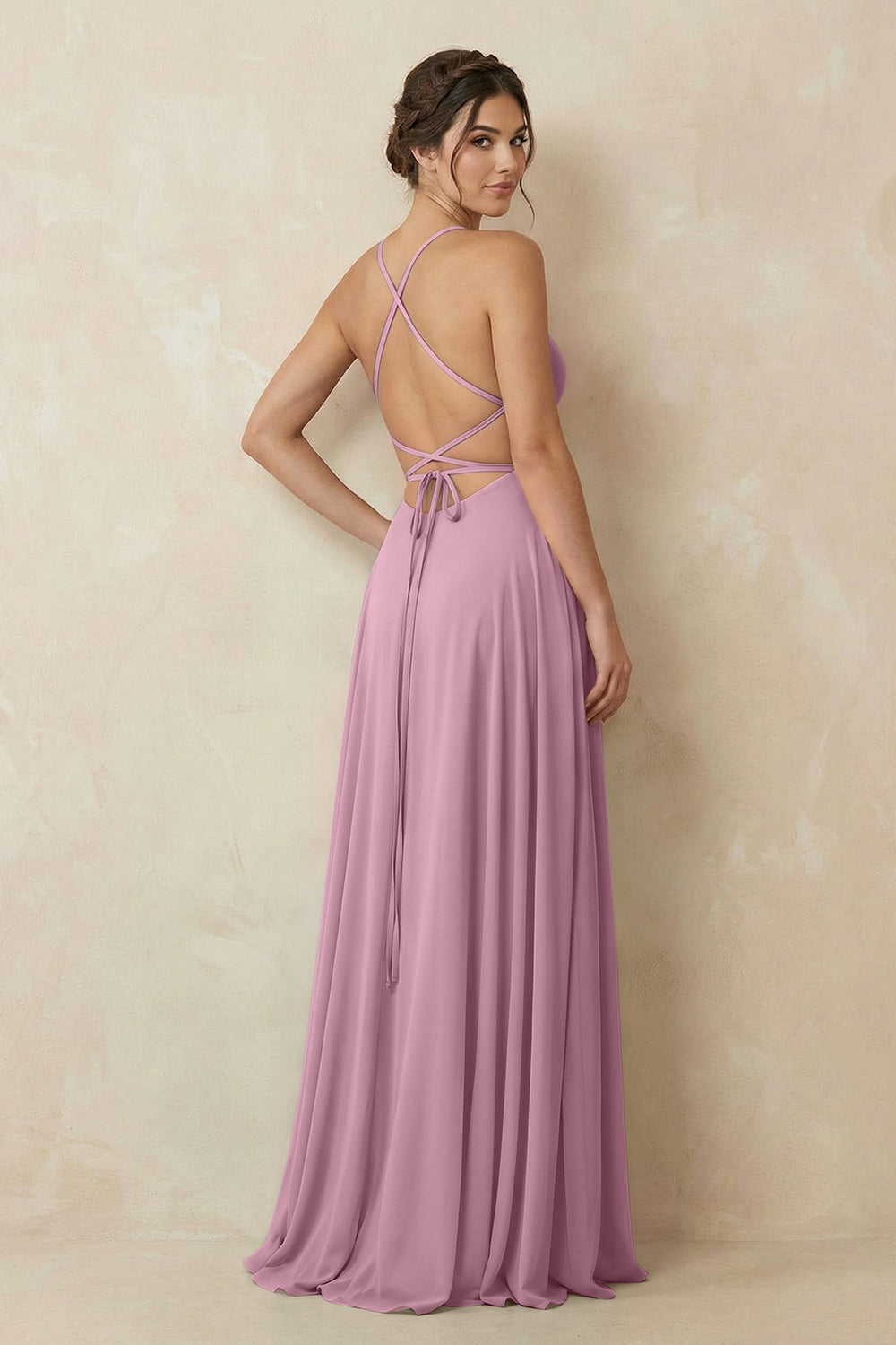 A - Line Chiffon Bridesmaid Dress With Slit in Vintage Mauve - KissProm Bridesmaid Dresses