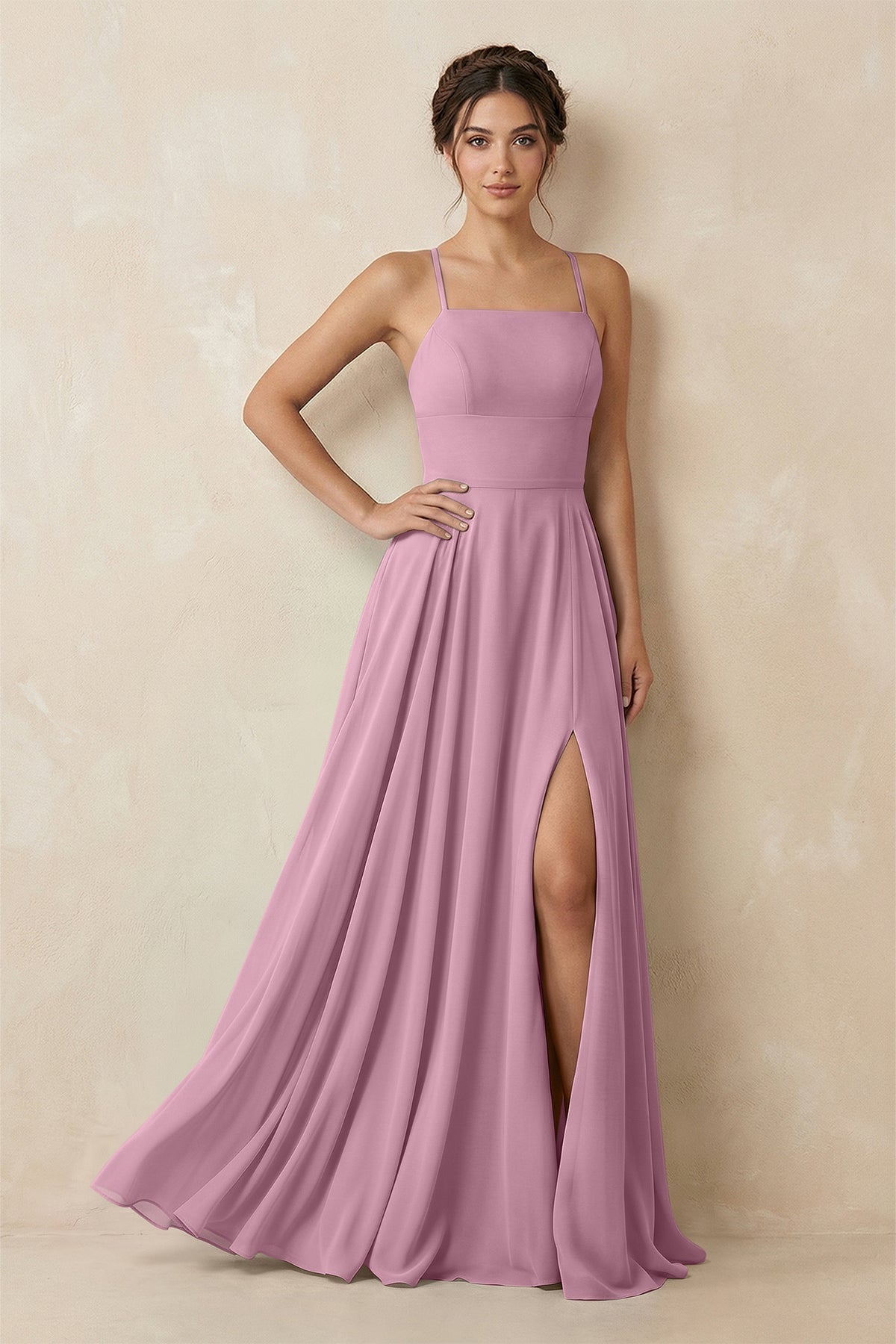 KissProm A-Line Chiffon Bridesmaid Dress With Slit in Vintage Mauve, Vintage Mauve / 16