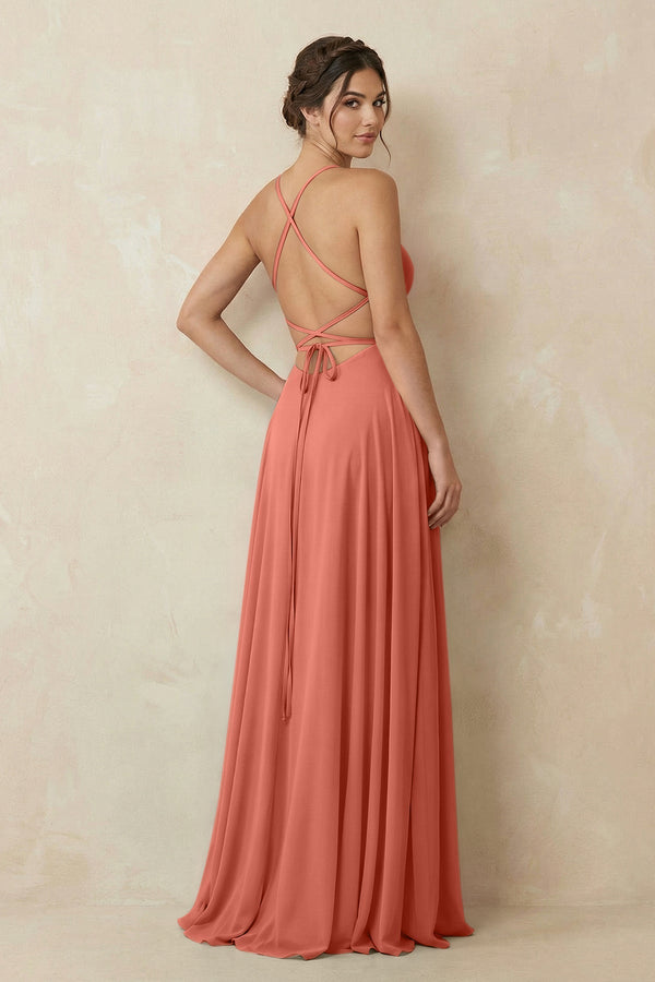 A - Line Chiffon Bridesmaid Dress With Slit in Wild Rose - KissProm Bridesmaid Dresses
