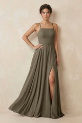 A - Line Chiffon Bridesmaid Dress With Slit in Willow Green - KissProm Bridesmaid Dresses