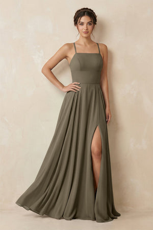 A - Line Chiffon Bridesmaid Dress With Slit in Willow Green - KissProm Bridesmaid Dresses