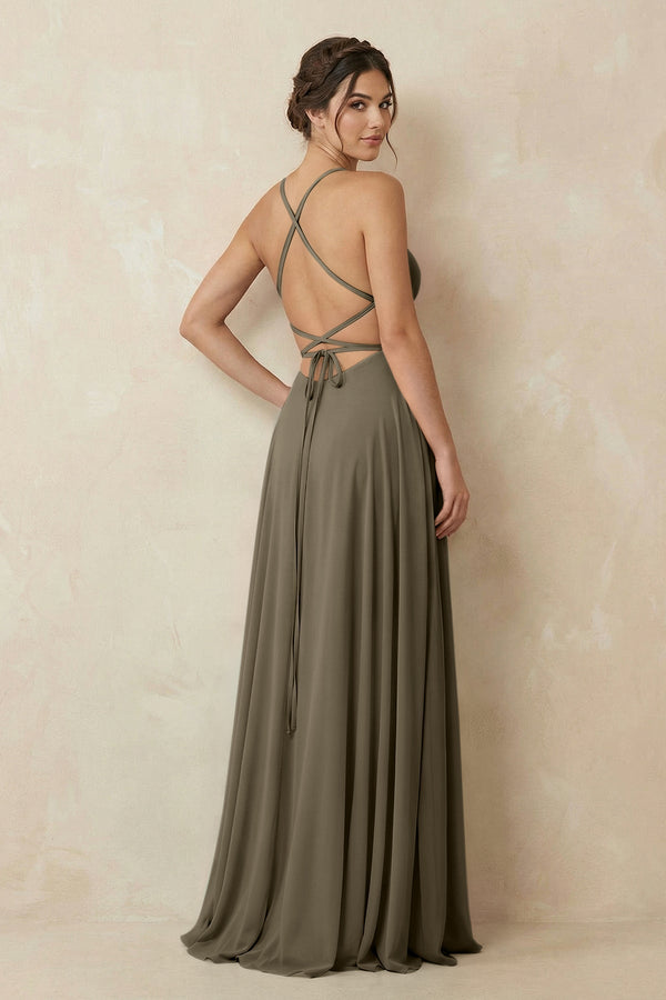 A - Line Chiffon Bridesmaid Dress With Slit in Willow Green - KissProm Bridesmaid Dresses