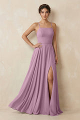 A - Line Chiffon Bridesmaid Dress With Slit in Wisteria - KissProm Bridesmaid Dresses