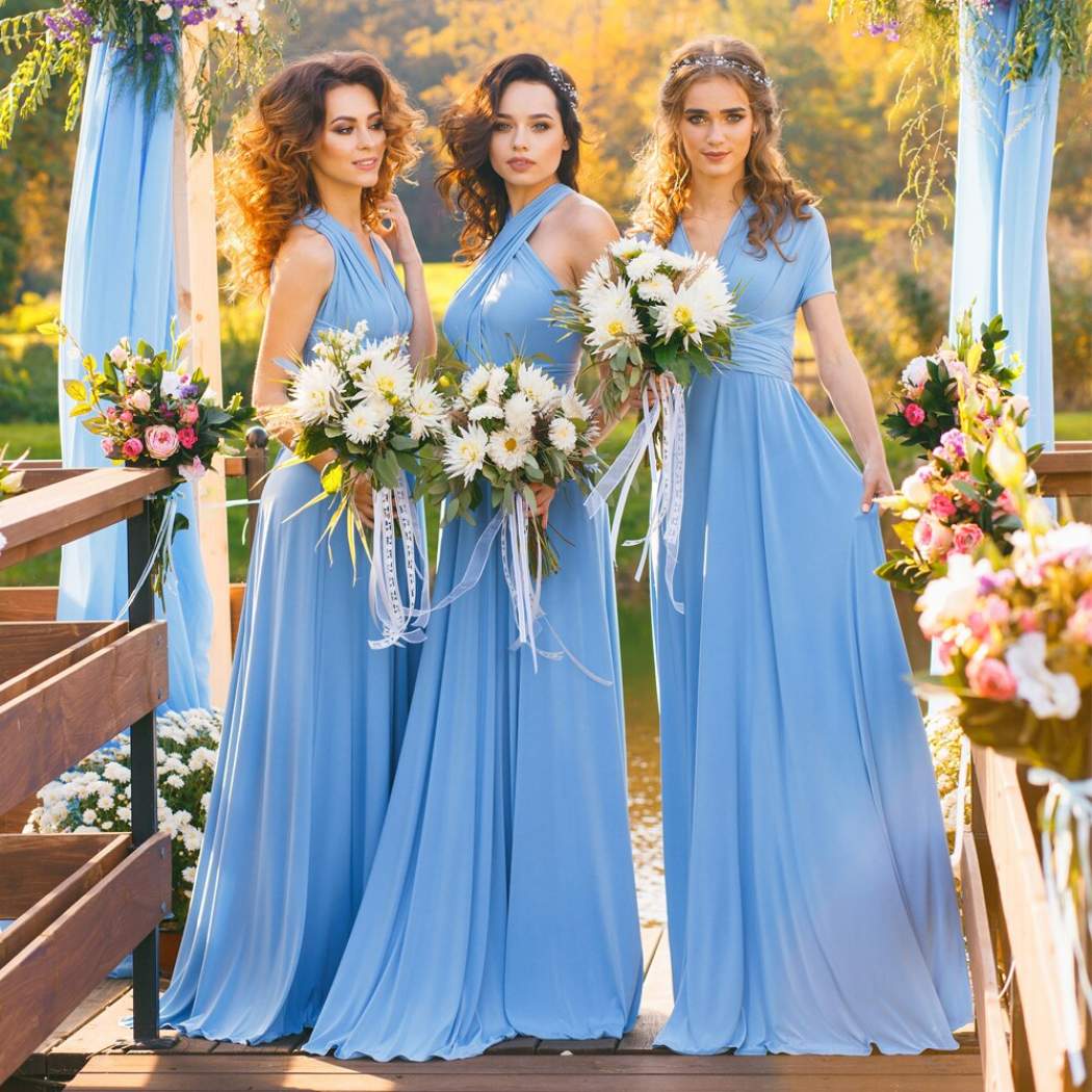 A-Line Chiffon Convertible Sky Blue Bridesmaid Dress