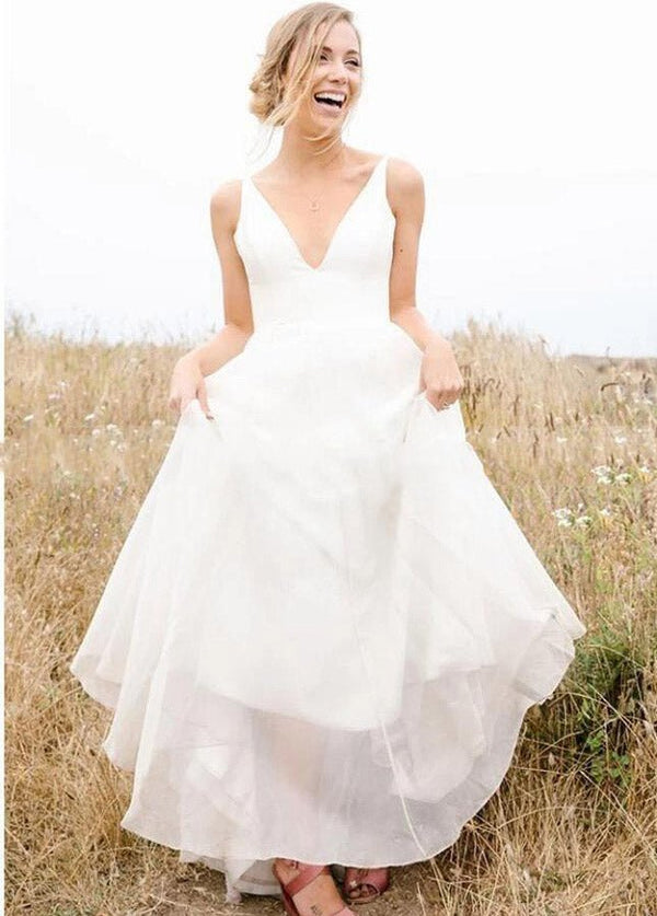 A Line Sleeveless Chiffon Deep V Neck Simple Long Beach Wedding Dress
