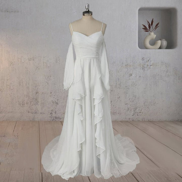 A-Line Chiffon Detachable Puffy Sleeves Wedding Dress
