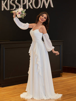 A-Line Chiffon Detachable Puffy Sleeves Wedding Dress