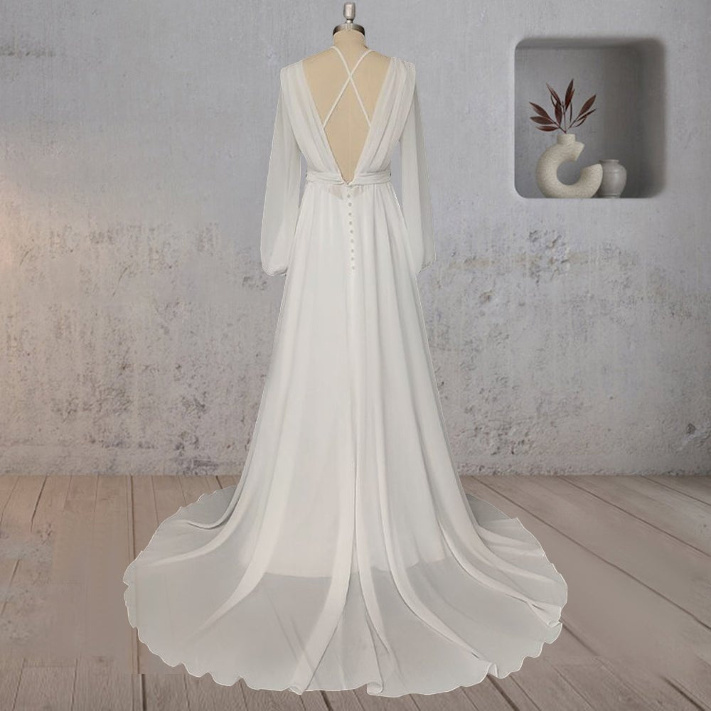 A - Line Chiffon Elegance Wedding Dress with Sweep Train - KissProm