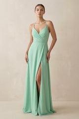 A - Line Chiffon Long Bridesmaid Dress With Slit - KissProm Bridesmaid Dresses