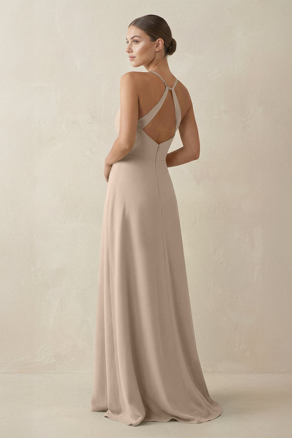A - Line Chiffon Long Bridesmaid Dress With Slit in Almond - KissProm