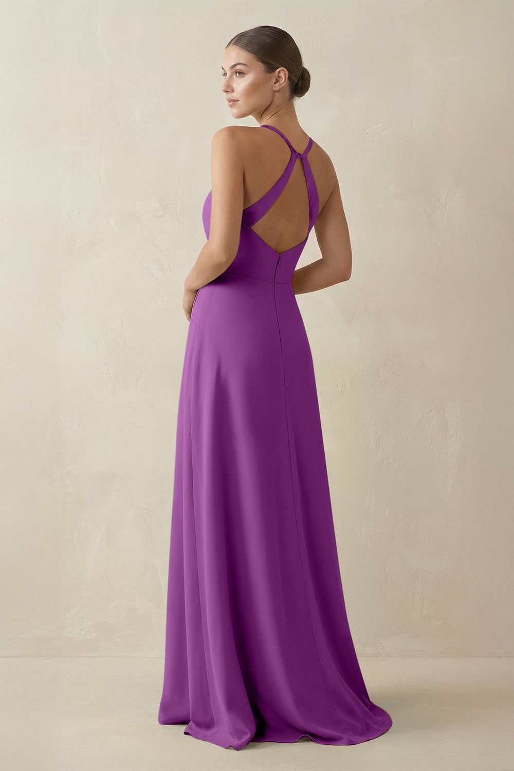 A - Line Chiffon Long Bridesmaid Dress With Slit in Amethyst - KissProm