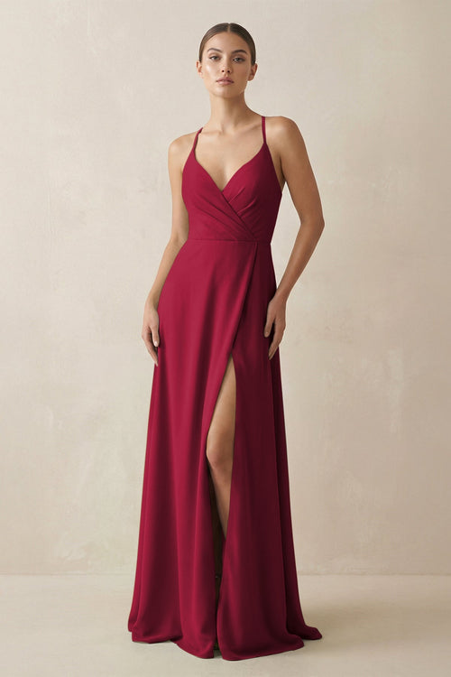 A - Line Chiffon Long Bridesmaid Dress With Slit in Berry - KissProm