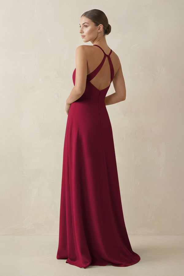 KissProm A-Line Chiffon Long Bridesmaid Dress With Slit in Berry, Berry / 8