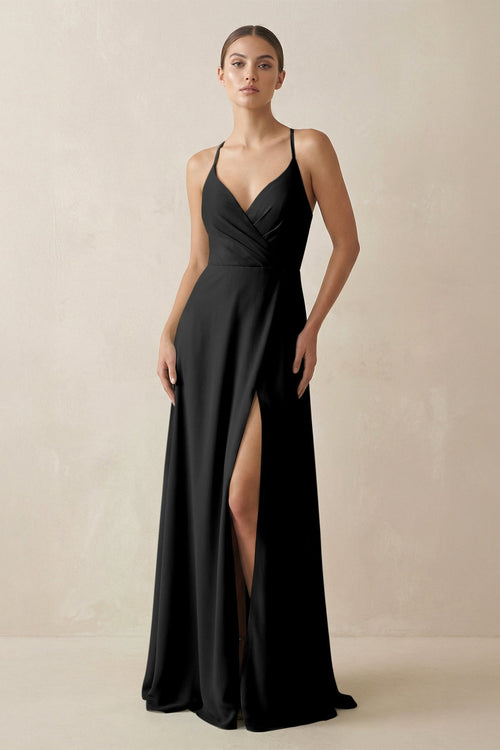A - Line Chiffon Long Bridesmaid Dress With Slit in Black - KissProm