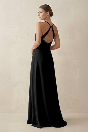 A - Line Chiffon Long Bridesmaid Dress With Slit in Black - KissProm