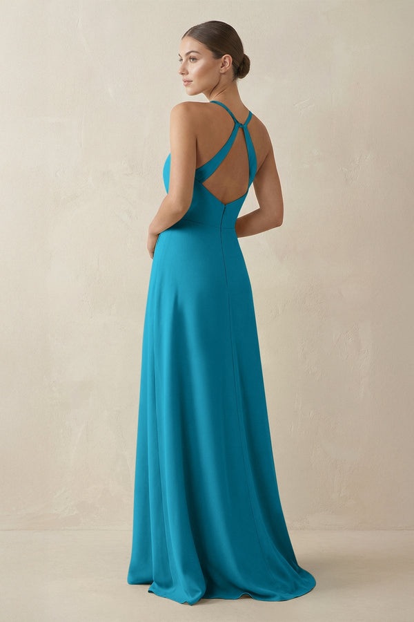 A - Line Chiffon Long Bridesmaid Dress With Slit in Blue Jay - KissProm