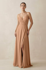 A - Line Chiffon Long Bridesmaid Dress With Slit in Bronzer - KissProm