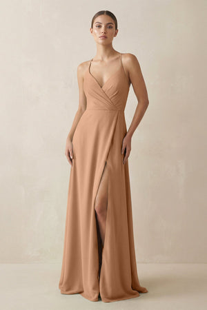 A - Line Chiffon Long Bridesmaid Dress With Slit in Bronzer - KissProm