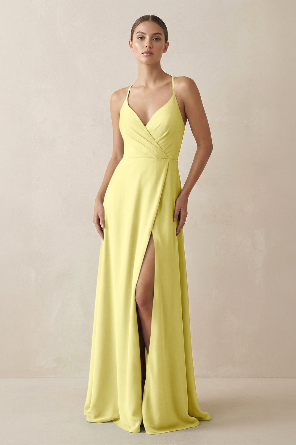 A - Line Chiffon Long Bridesmaid Dress With Slit in Buttercup - KissProm
