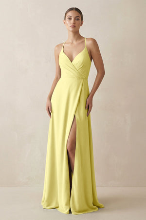 A - Line Chiffon Long Bridesmaid Dress With Slit in Buttercup - KissProm