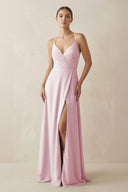 A - Line Chiffon Long Bridesmaid Dress With Slit in Candy Pink - KissProm