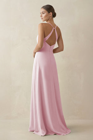A - Line Chiffon Long Bridesmaid Dress With Slit in Candy Pink - KissProm