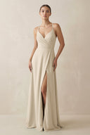 A - Line Chiffon Long Bridesmaid Dress With Slit in Champagne - KissProm