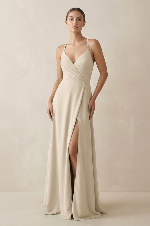 A-Line Chiffon Long Bridesmaid Dress With Slit in Champagne