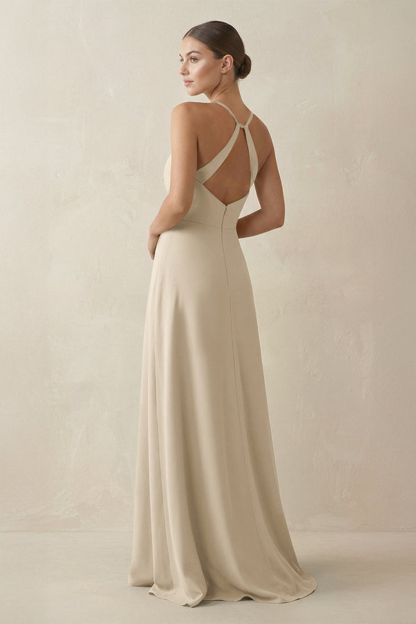A - Line Chiffon Long Bridesmaid Dress With Slit in Champagne - KissProm