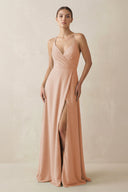 A - Line Chiffon Long Bridesmaid Dress With Slit in Champagne Rose - KissProm