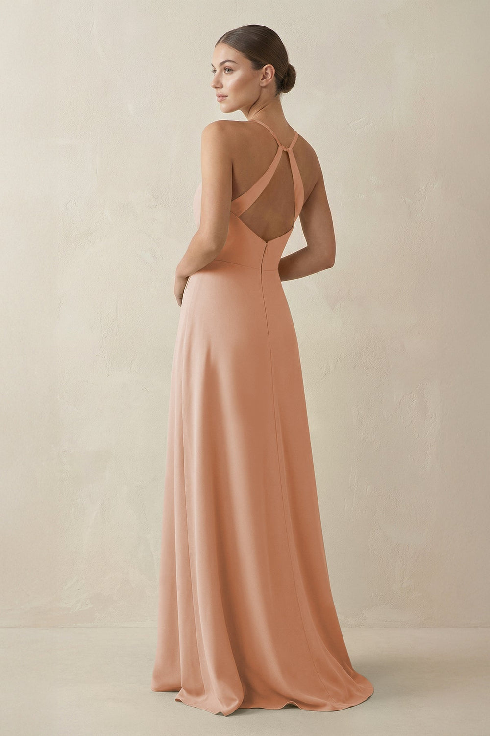A - Line Chiffon Long Bridesmaid Dress With Slit in Champagne Rose - KissProm